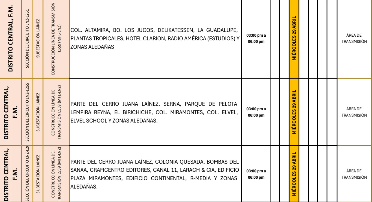 Foto de las Zonas de el Distrito Central que estarán sin energía este miércoles 29 de abril, según la ENEE.