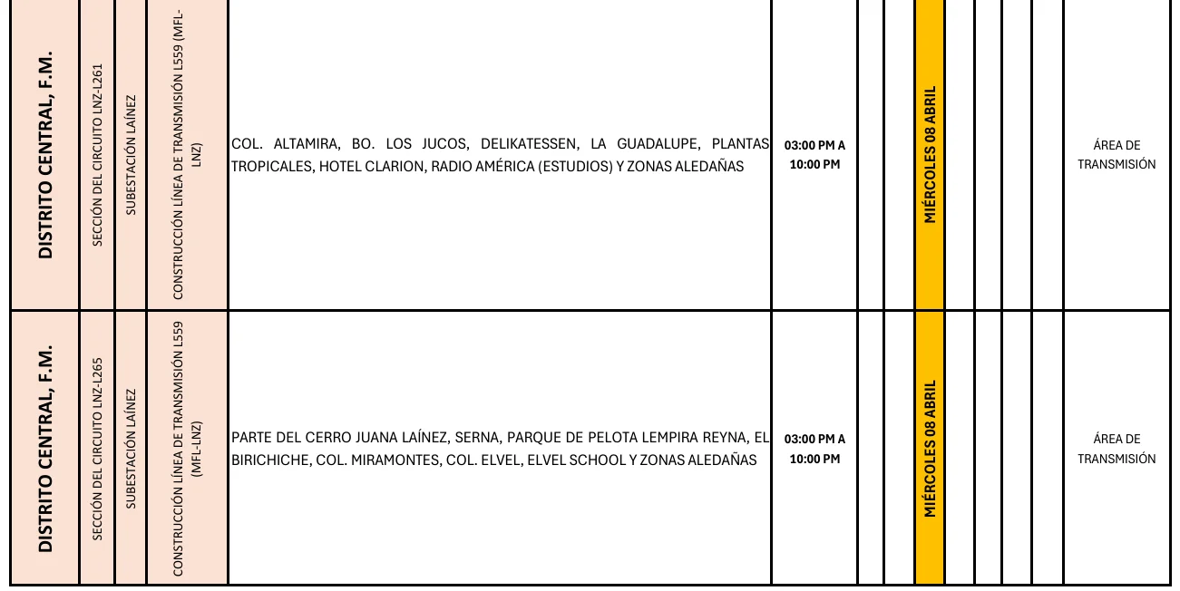 Foto de las Zonas del Distrito Central que estarán sin energía eléctrica este miércoles 8 de abril, según la ENEE.
