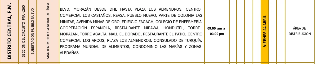 Foto de las Zonas de el Distrito Central que estarán sin energía este viernes 24 de abril, según la ENEE.