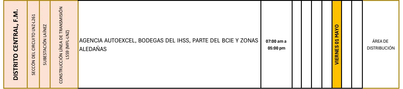 Foto de Zonas de el Distrito Central que estarán sin energía este 1 de mayo, según la ENEE.