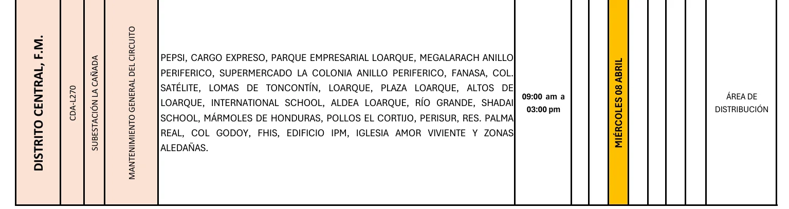 Foto de las Zonas del Distrito Central que estarán sin energía eléctrica este miércoles 8 de abril, según la ENEE.