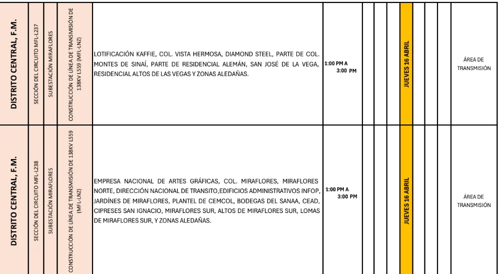 Foto de las Zonas del Distrito Central que estarán sin energía este jueves 16 de abril, según la ENEE.