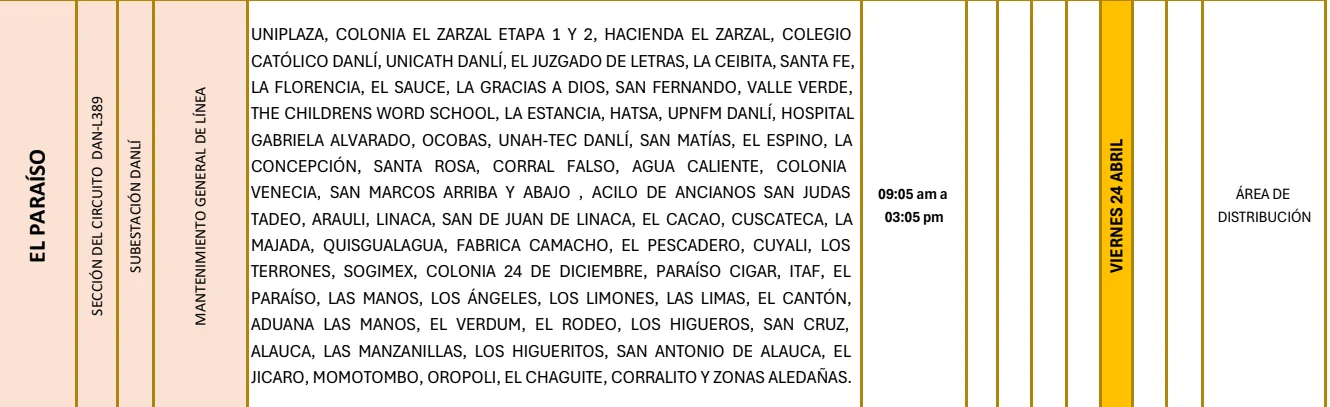 Foto de las Zonas de El Paraíso que estarán sin energía este viernes 24 de abril, según la ENEE.