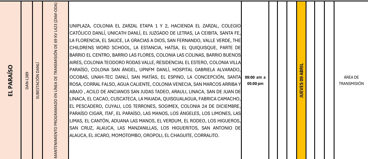 Foto de las Zonas de El Paraíso que estarán sin energía este jueves 9 de abril, según la ENEE.