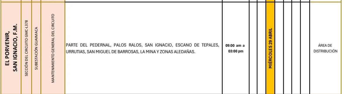 Foto de las Zonas de EL Porvenir que estarán sin energía este miércoles 29 de abril, según la ENEE.