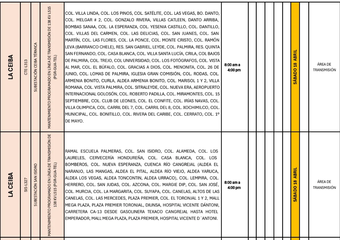 Foto de las Zonas de la Ceiba que estarán sin energía este sábado 18 de abril, según la ENEE.