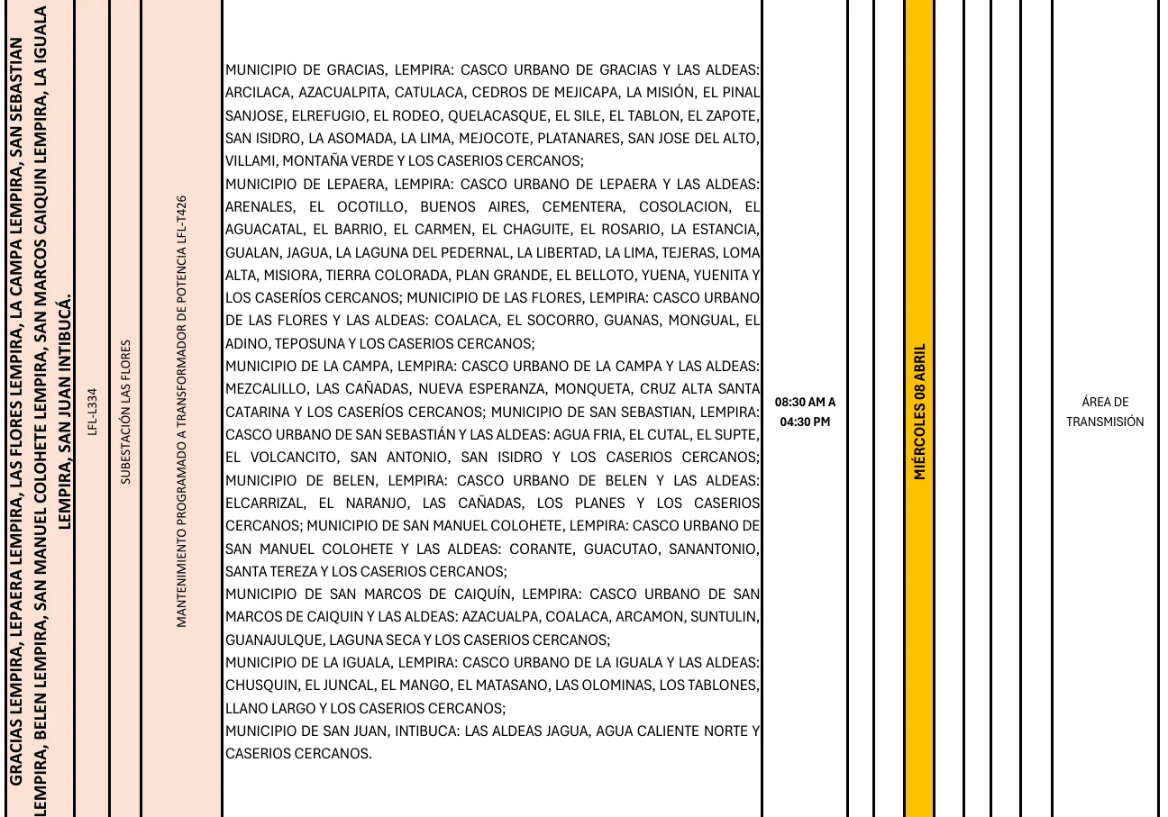 Foto de las Zonas de Gracias Lempira y alrededores que estarán sin energía eléctrica este miércoles 8 de abril, según la ENEE.