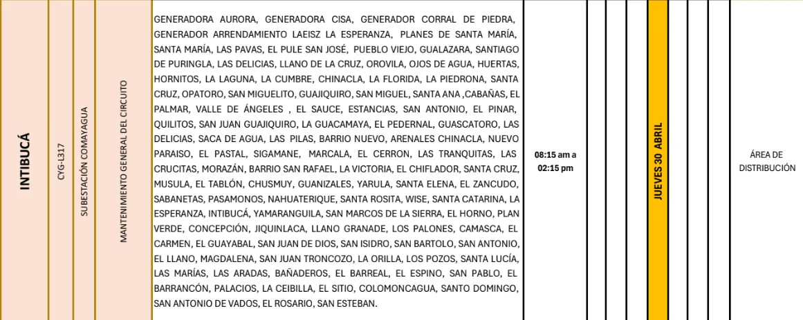 Foto de las Zonas de Intibcá que estarán sin energía este jueves 30 de abril, según la ENEE.