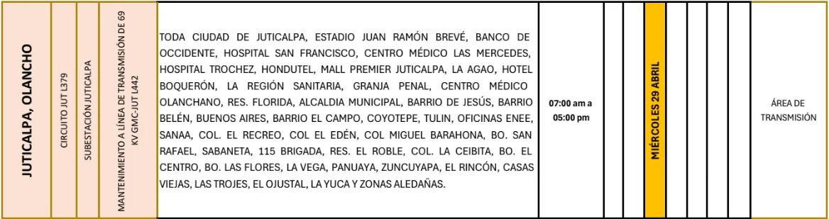 Foto de las Zonas de Juticalpa, Olancho que estarán sin energía este miércoles 29 de abril, según la ENEE.