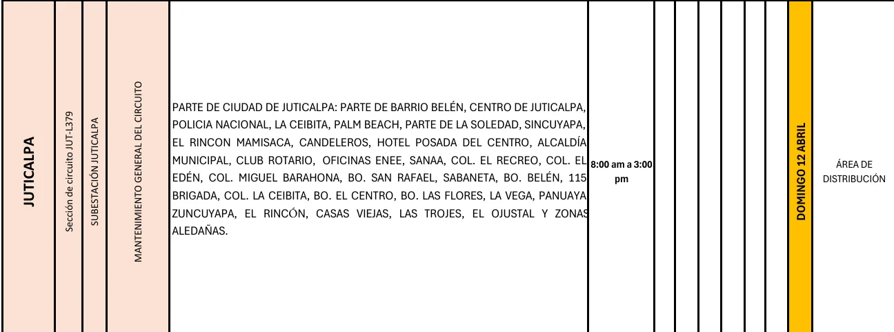 Foto de las Zonas de Juticalpa que estarán sin energía este domingo 12 de abril, según la ENEE.
