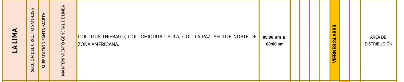 Foto de las Zonas de La Lima que estarán sin energía este viernes 24 de abril, según la ENEE.