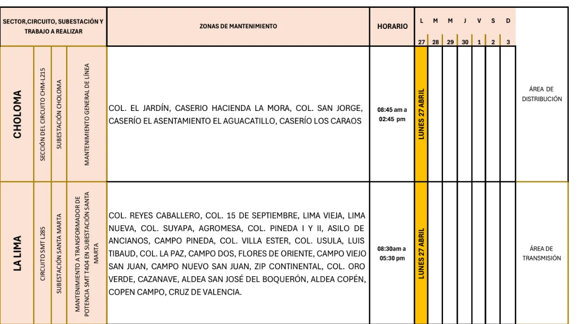 Foto de las Zonas de La Lima y Choloma que estarán sin energía este lunes 27 de abril de 2026, según la ENEE.