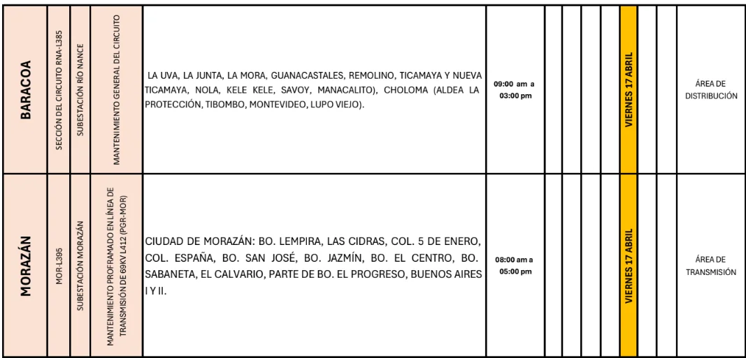 Foto de las Zonas de Morazán y Baracoa que estarán sin energía este viernes 17 de abril, según la ENEE.