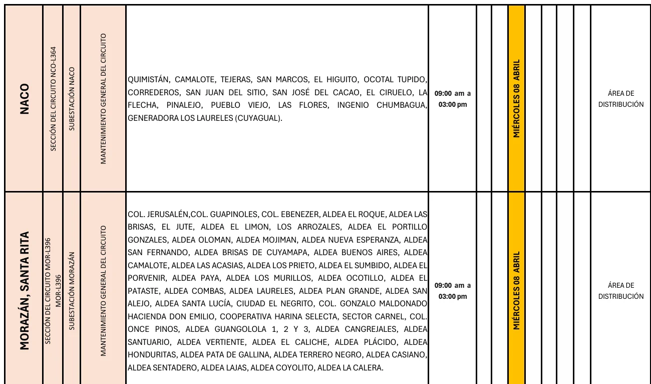 Foto de las Zonas de Morazán, Santa Rita y Naco que estarán sin energía eléctrica este miércoles 8 de abril, según la ENEE.