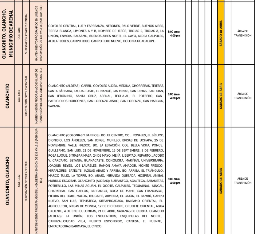 Foto de las Zonas de Olanchito, Olancho que estarán sin energía este sábado 18 de abril, según la ENEE.