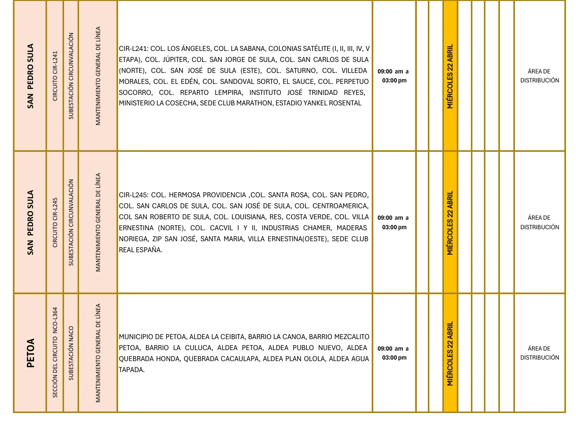 Foto de las Zonas de Petoa y San Pedro Sula que estarán sin energía este miércoles 22 de abril según la ENEE.