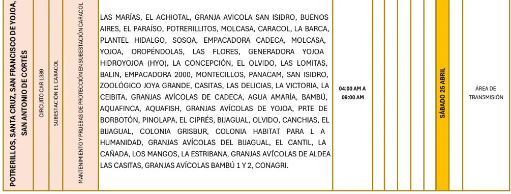 Foto de las Zonas de Potrerillos, Santa Cruz, San Francisco de Yojoa y San Antonio de Cortés  que estarán sin energía este sábado 24 de abril de 2026, según la ENEE.
