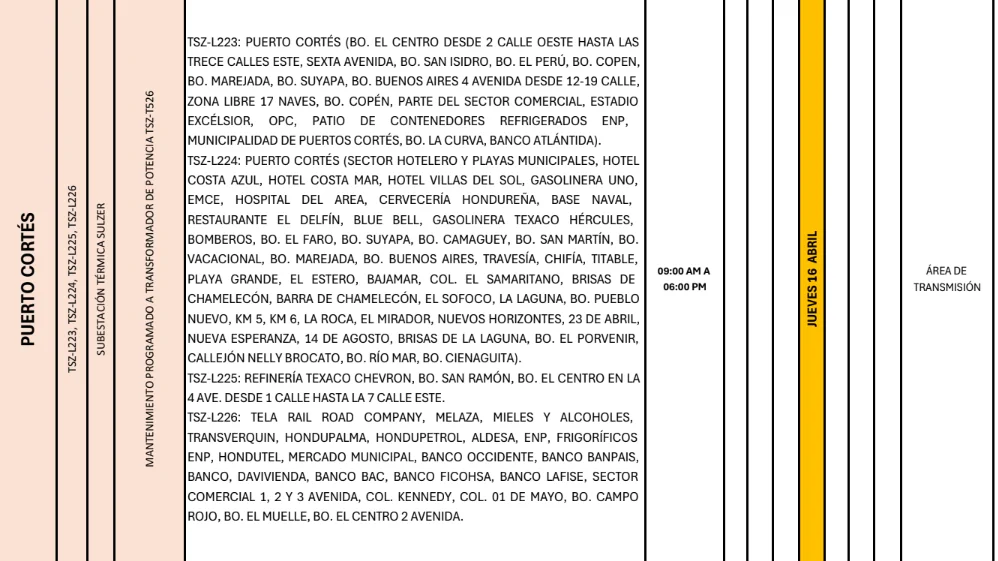 Foto de las Zonas de Puerto Cortés que estarán sin energía este jueves 16 de abril, según la ENEE. 