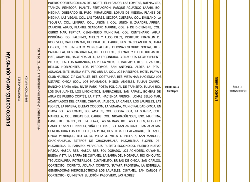 Foto de las Zonas de Puerto Cortés, Omoa y Quimistán que estarán sin energía este sábado 24 de abril de 2026, según la ENEE.