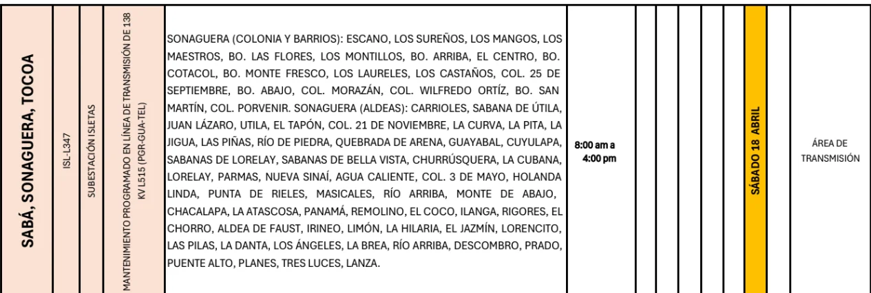 Foto de las Zonas de Sabá, Sonaguera y Tocoa que estarán sin energía este sábado 18 de abril, según la ENEE.
