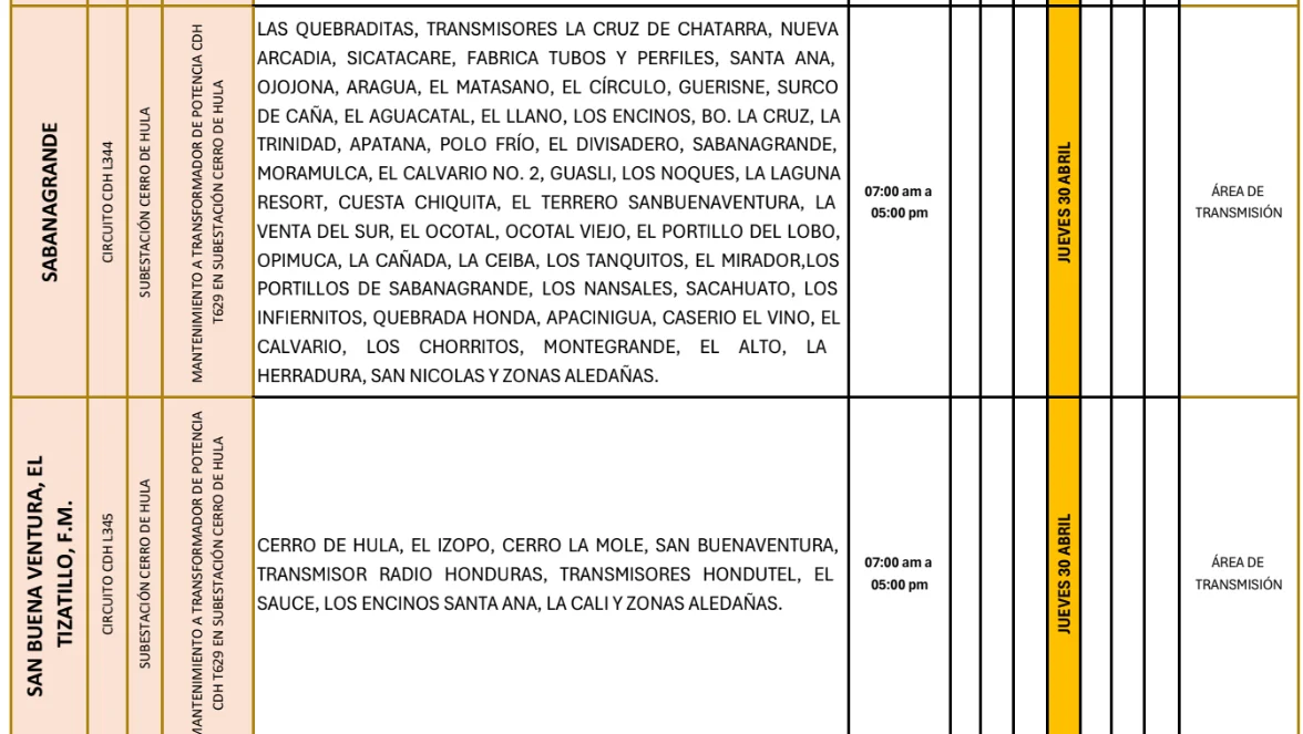 Foto de las Zonas de San Buena Aventura, El izatillo y Sabanagrande que estarán sin energía este jueves 30 de abril, según la ENEE.