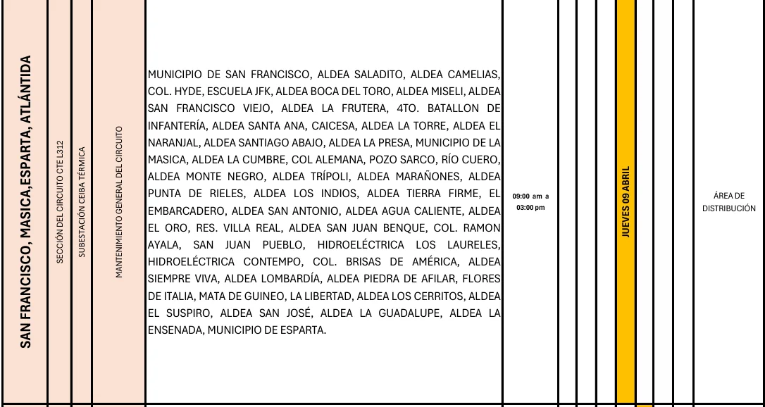 Foto de las Zonas de San Francisco que estarán sin energía este jueves 9 de abril, según la ENEE.