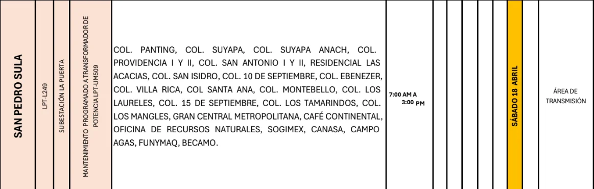 Foto de las Zonas de San Pedro Sula que estarán sin energía este sábado 18 de abril, según la ENEE.