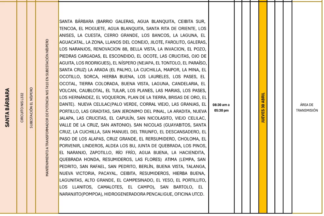 Foto de las Zonas de Santa Bárbara que estarán sin energía este jueves 30 de abril, según la ENEE.