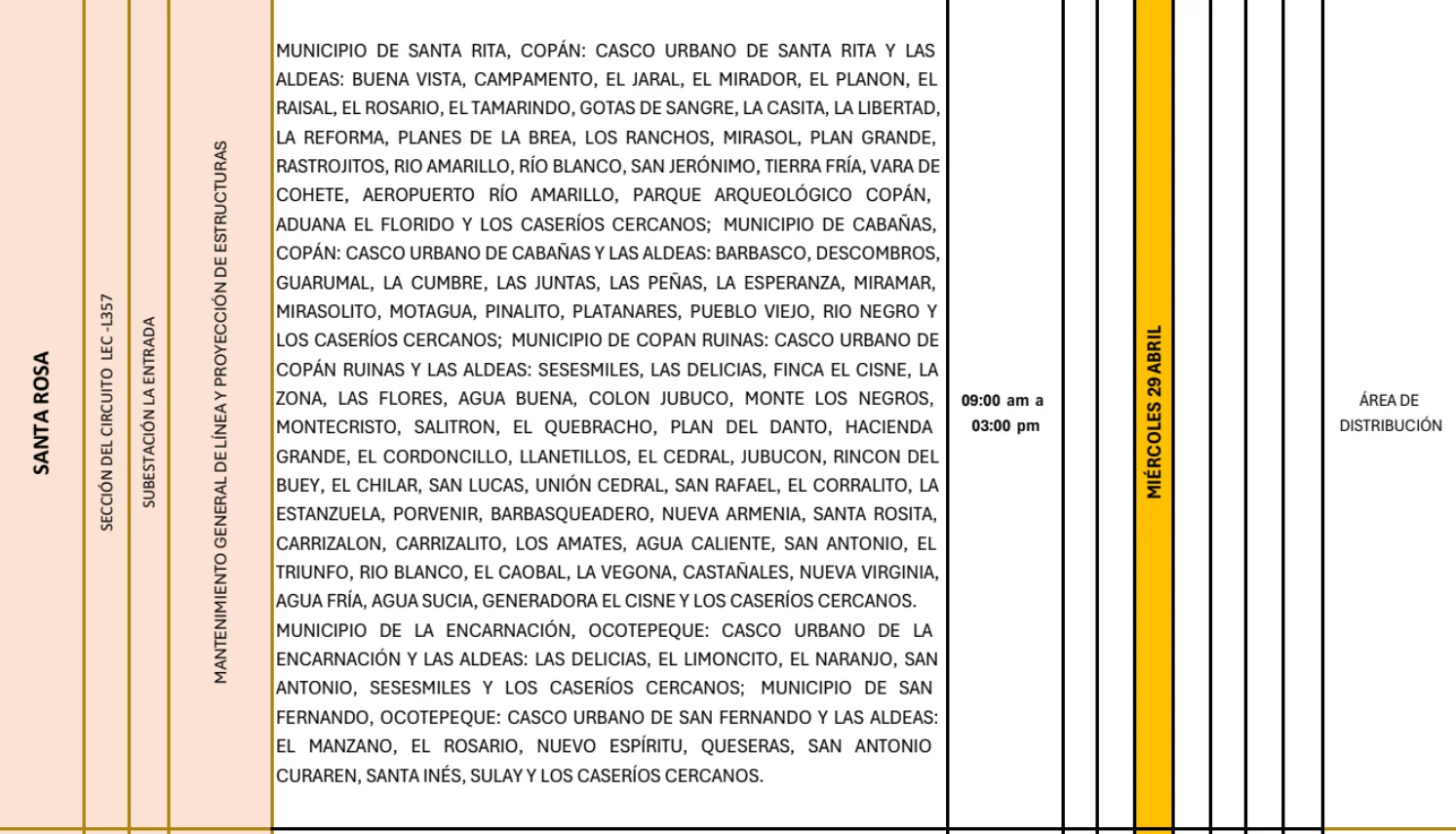 Foto de las Zonas de Santa Rosa que estarán sin energía este miércoles 29 de abril, según la ENEE.