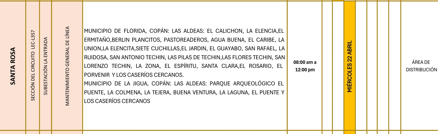 Foto de las Zonas de Santa Rosa que estarán sin energía este miércoles 22 de abril según la ENEE.