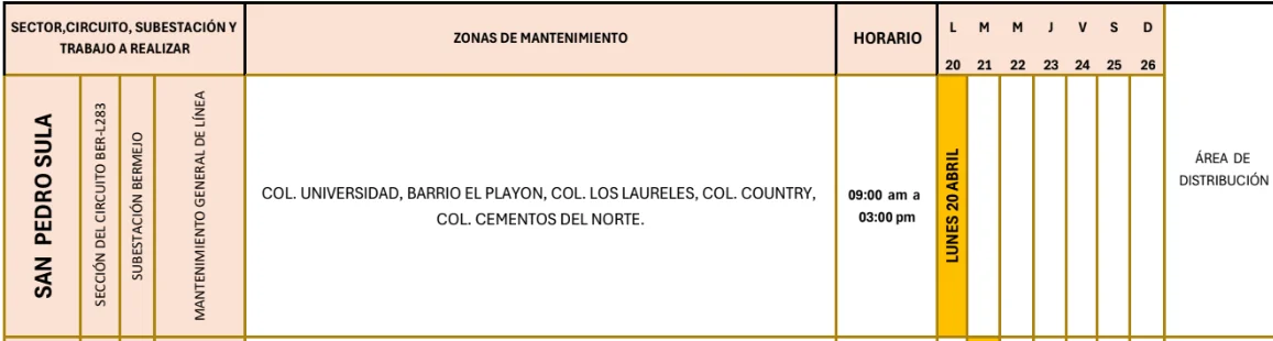 Foto de las zonas de San Pedro Sula que estarán sin energía eléctrica este lunes 20 de abril de 2026, según la ENEE