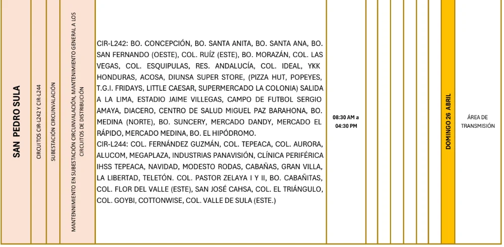 Foto de las Zonas de San Pedro Sula que estarán sin energía este domingo 26 de abril, según la ENEE.
