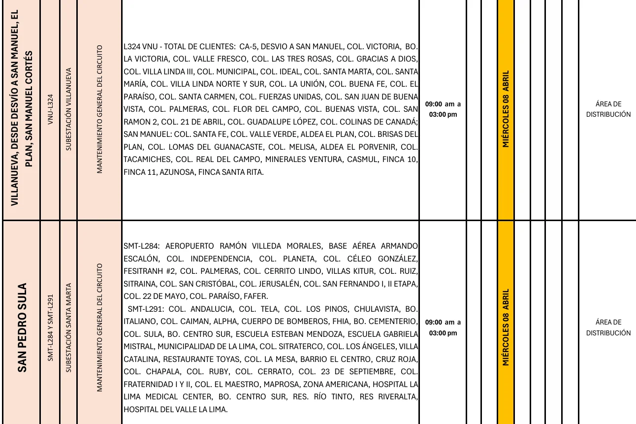 Foto de las Zonas de San Pedro Sula y Villanueva que estarán sin energía eléctrica este miércoles 8 de abril, según la ENEE.