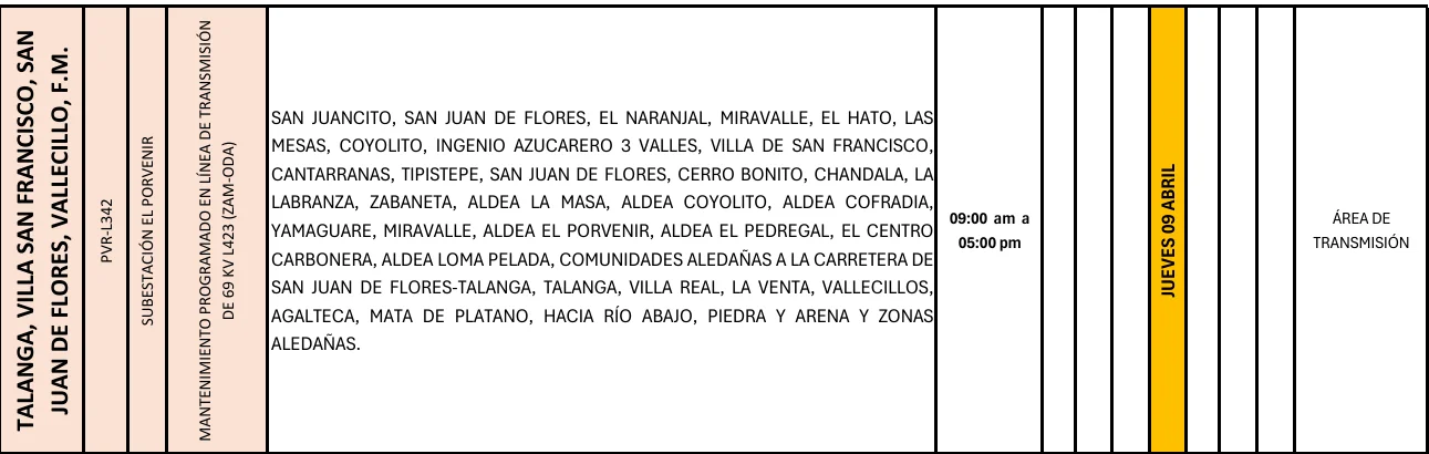 Foto de las Zonas de Talanga que estarán sin energía este jueves 9 de abril, según la ENEE.