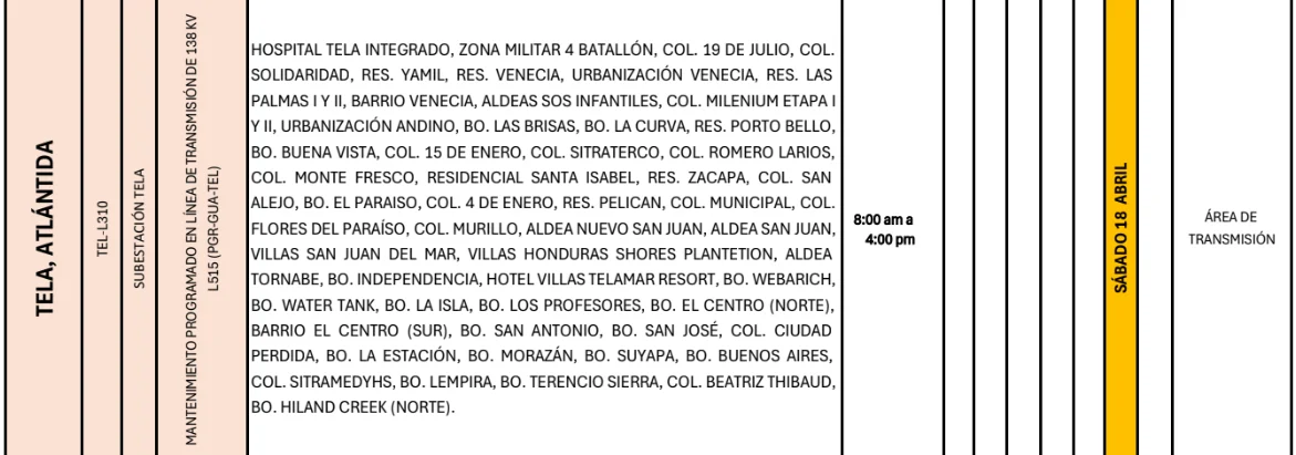 Foto de las Zonas de Tela, Atlántida que estarán sin energía este sábado 18 de abril, según la ENEE.