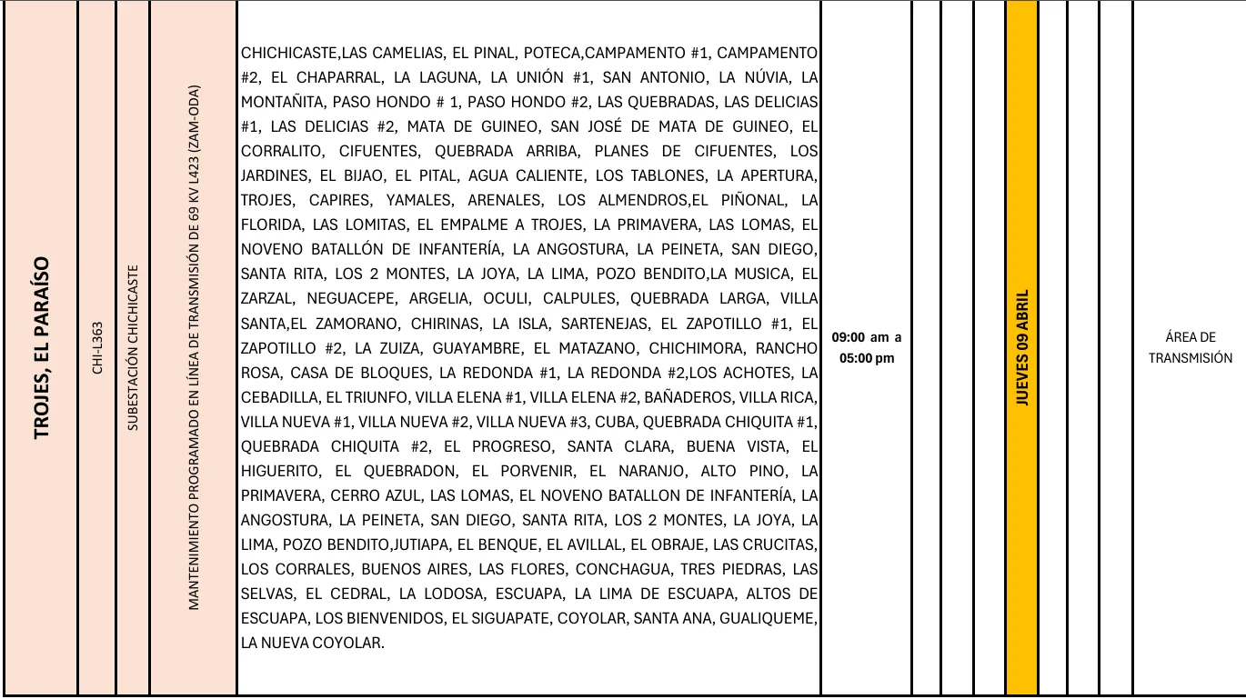 Foto de las Zonas de Trojes que estarán sin energía este jueves 9 de abril, según la ENEE.