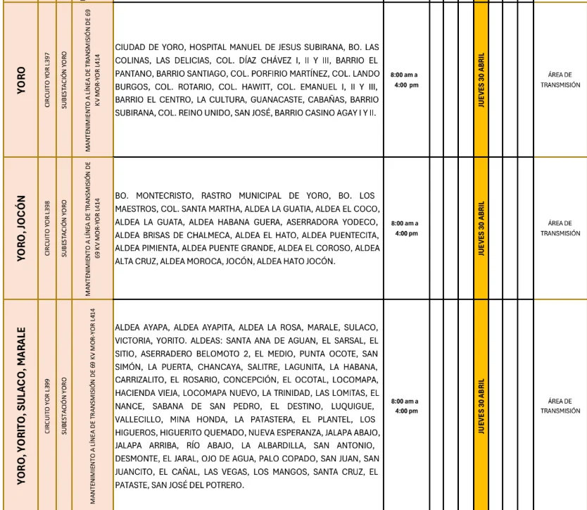Foto de las Zonas de Yoro, Yorito, Sulaco, Marale, Yoro, Jocón que estarán sin energía este jueves 30 de abril, según la ENEE.