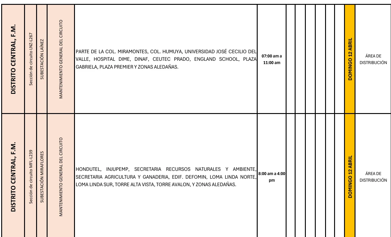 Foto de las Zonas del Distrito Central que estarán sin energía este domingo 12 de abril, según la ENEE.