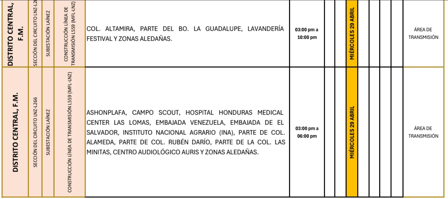 Foto de las Zonas de el Distrito Central que estarán sin energía este miércoles 29 de abril, según la ENEE.