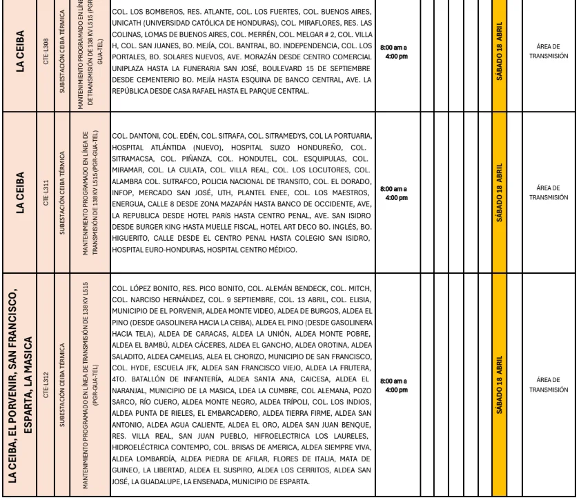 Foto de las Zonas de La Ceiba, El Porvenir, San Francisco, Esparta y La Masica que estarán sin energía este sábado 18 de abril, según la ENEE.