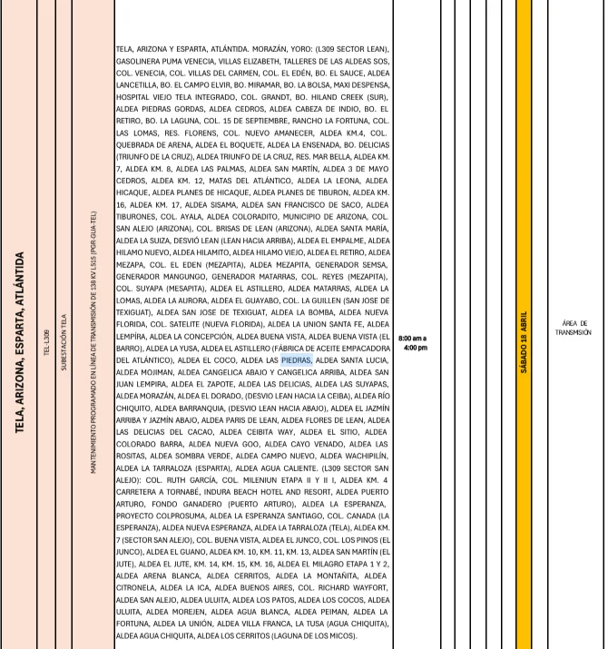 Foto de las Zonas de Tela, Arizona, Esparta y Atlántida que estarán sin energía este sábado 18 de abril, según la ENEE.