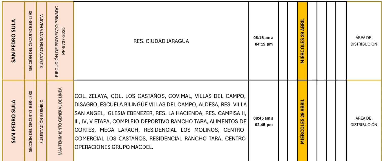 Foto de las zonas Zonas de San Pedro Sula que estarán sin energía este miércoles 29 de abril, según la ENEE.