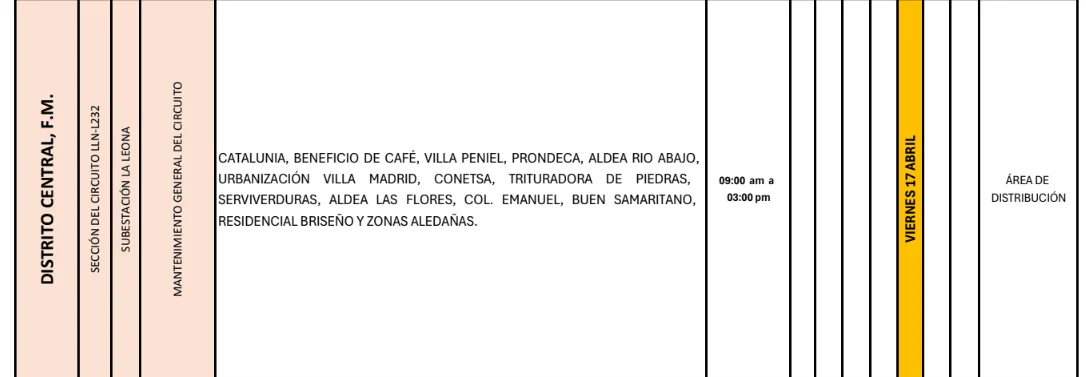 Foto de las Zonas del Distrito Central que estarán sin energía este viernes 17 de abril, según la ENEE.