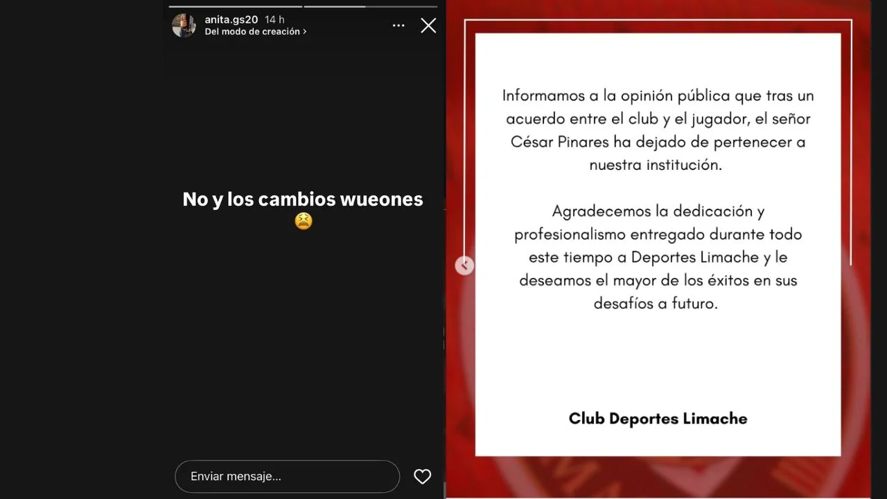 Historia de Esposa de César Pinares en Instagam y comunicado de Deportivo Limache.