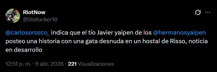 Publicación en X sobre el escándalo por la historia de Instagram de Javier Yaipén.