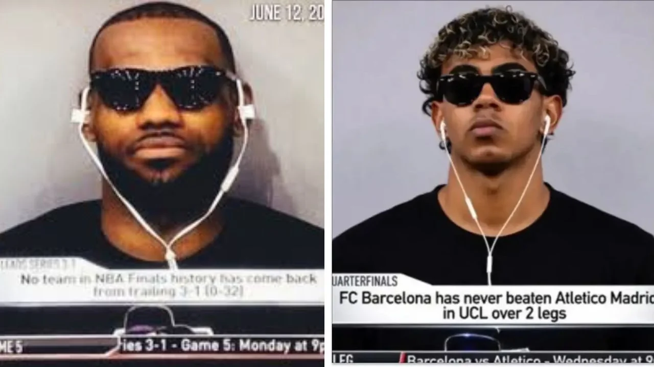 Collage de fotos de LeBron James y Lamine Lamal con gafas negras