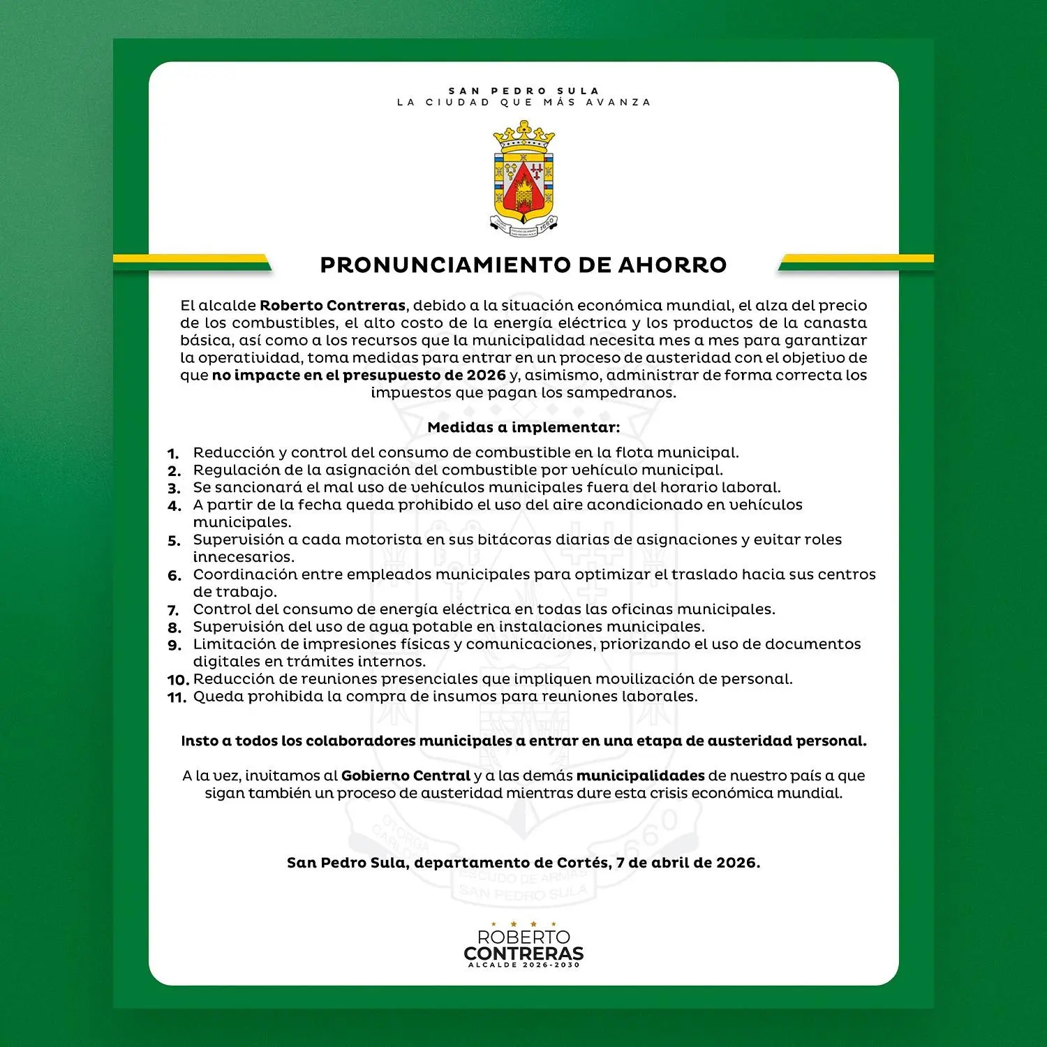 comunicado de la municipalidad de SPS