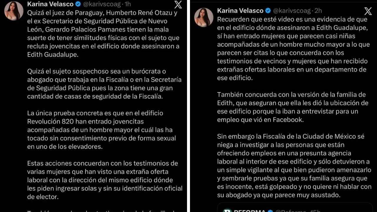 foto de las La periodista Karina Velasco ha difundido señalamientos sobre el caso de Edith Guadalupe, incluyendo hipótesis sobre trata de mujeres y críticas a la Fiscalía de Ciudad de México.