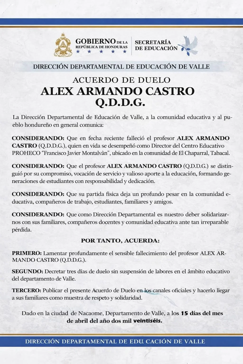 Comunicado de muerte del maestro