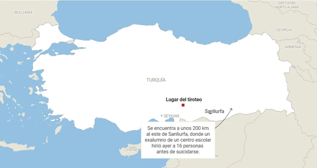 MAPA DE TURQUIA Y HUBICACION DEL COLEGIO DPNDE MENOR DE AL MENOS 16 AÑOS REALIZO UN TIROTEO DONDE ACTAULMENTE SUBE A NUEVE LOS MUERTOS